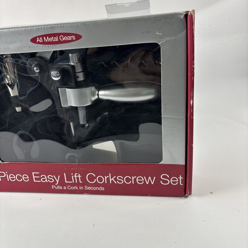 NIB! 6 Piece Easy Lift Corkscrew Set Pulls Corks in Seconds All Metal Gears - Picture 3 of 6